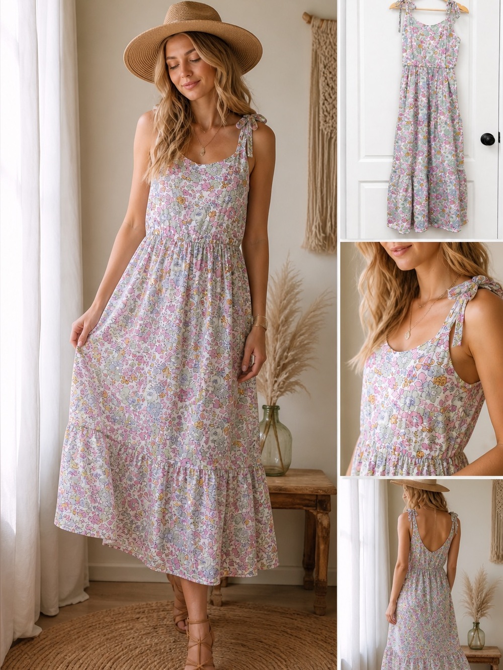 Boho Floral Midi Dress Tie Strap Pink Green Abby & Evie Size L Cottagecore